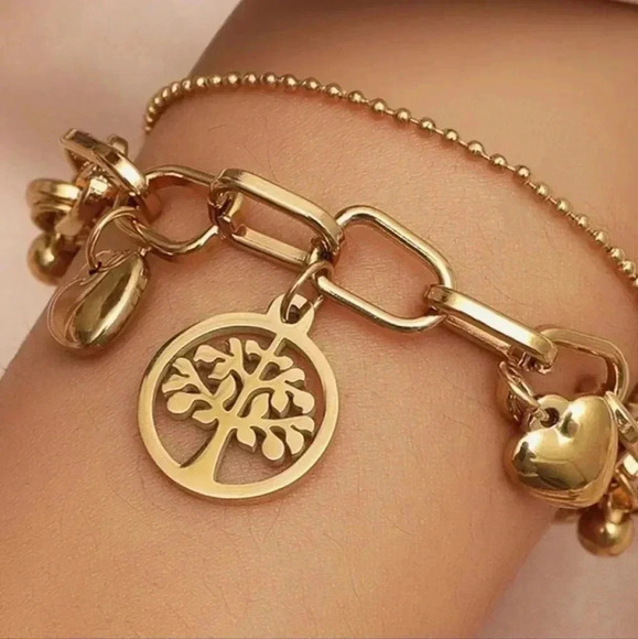 🆕️18K Gold Plated Stainless Steel Tree of Life Charm Bracelet w Hearts & Beads - Picture 10 of 10